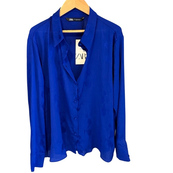 Zara Cobalt Blue Button-Front Blouse | Size XL - Picture 1 of 3